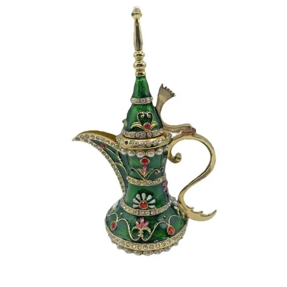 Signed Qifu Green Enamel Jeweled Arabian Nights Trinket  Stash Ring Vanity Box - Picture 3 of 12